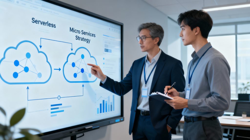 Cloud architects comparing serverless and microservices strategies on a digital whiteboard