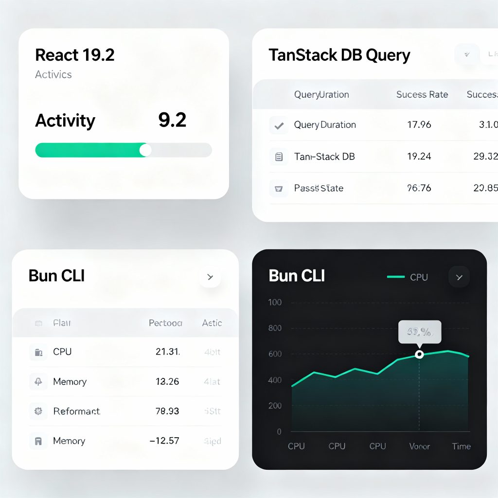 Modern frontend dashboard showing React 19.2 Activity, TanStack DB queries, and Bun CLI performance