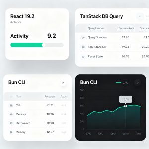 Modern frontend dashboard showing React 19.2 Activity, TanStack DB queries, and Bun CLI performance
