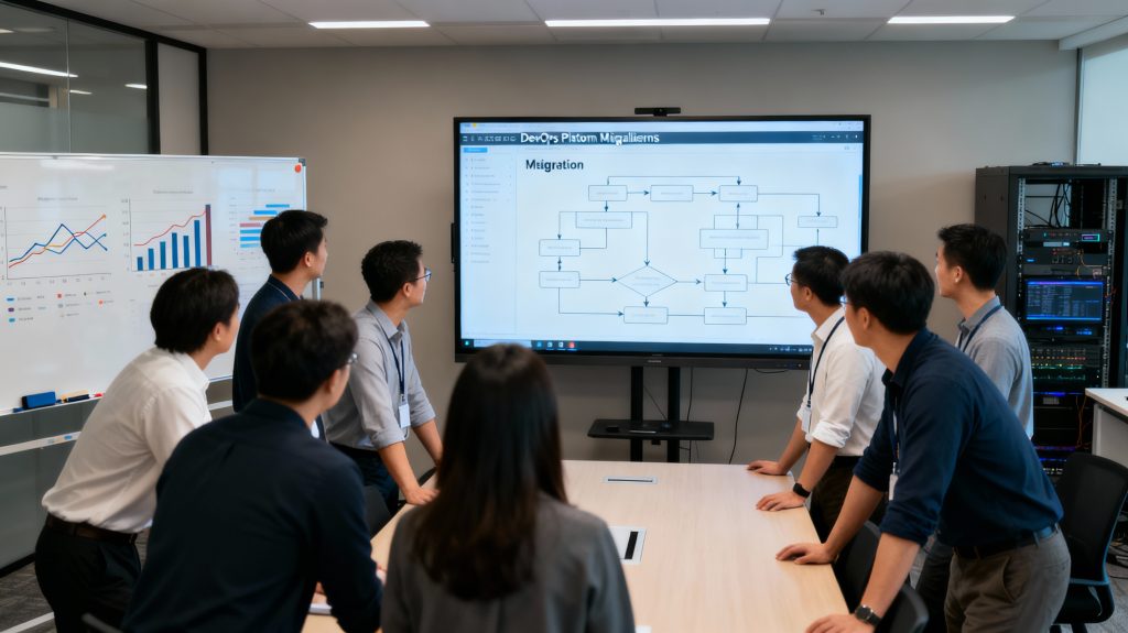 Enterprise IT team discussing DevOps platform migration challenges with charts
