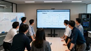 Enterprise IT team discussing DevOps platform migration challenges with charts