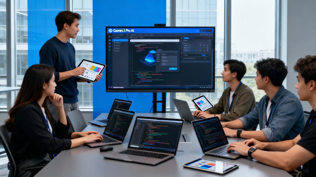 Developers collaborating with Gemini 3 Pro AI platform for coding and multimodal projects