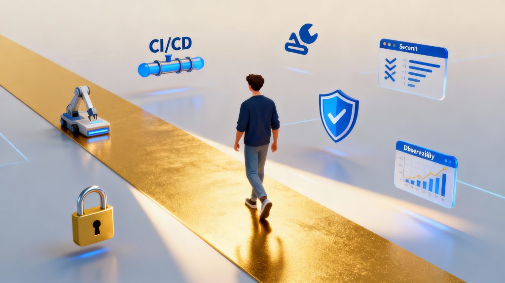 Illustration of a developer following a curated golden path that automates scaffolding, CI/CD, security, and observability to reduce cognitive load and improve developer experience.