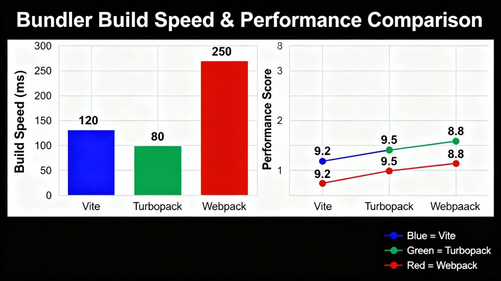 Graphic comparing build speed and performance benchmarks for Vite, Turbopack, and Webpack bundlers