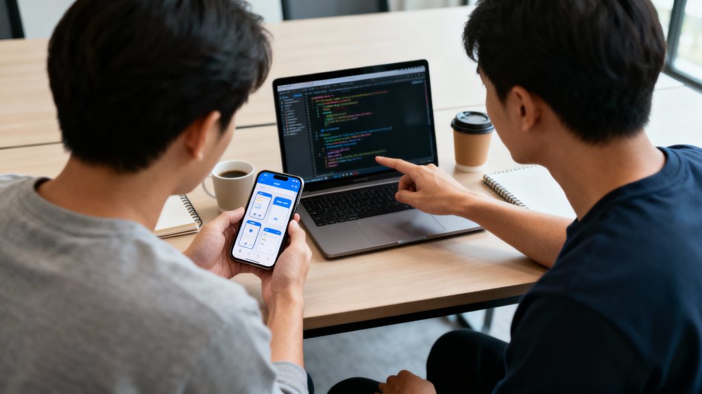 Mobile developers collaborating on UI and backend logic for a full stack mobile app