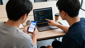 Mobile developers collaborating on UI and backend logic for a full stack mobile app