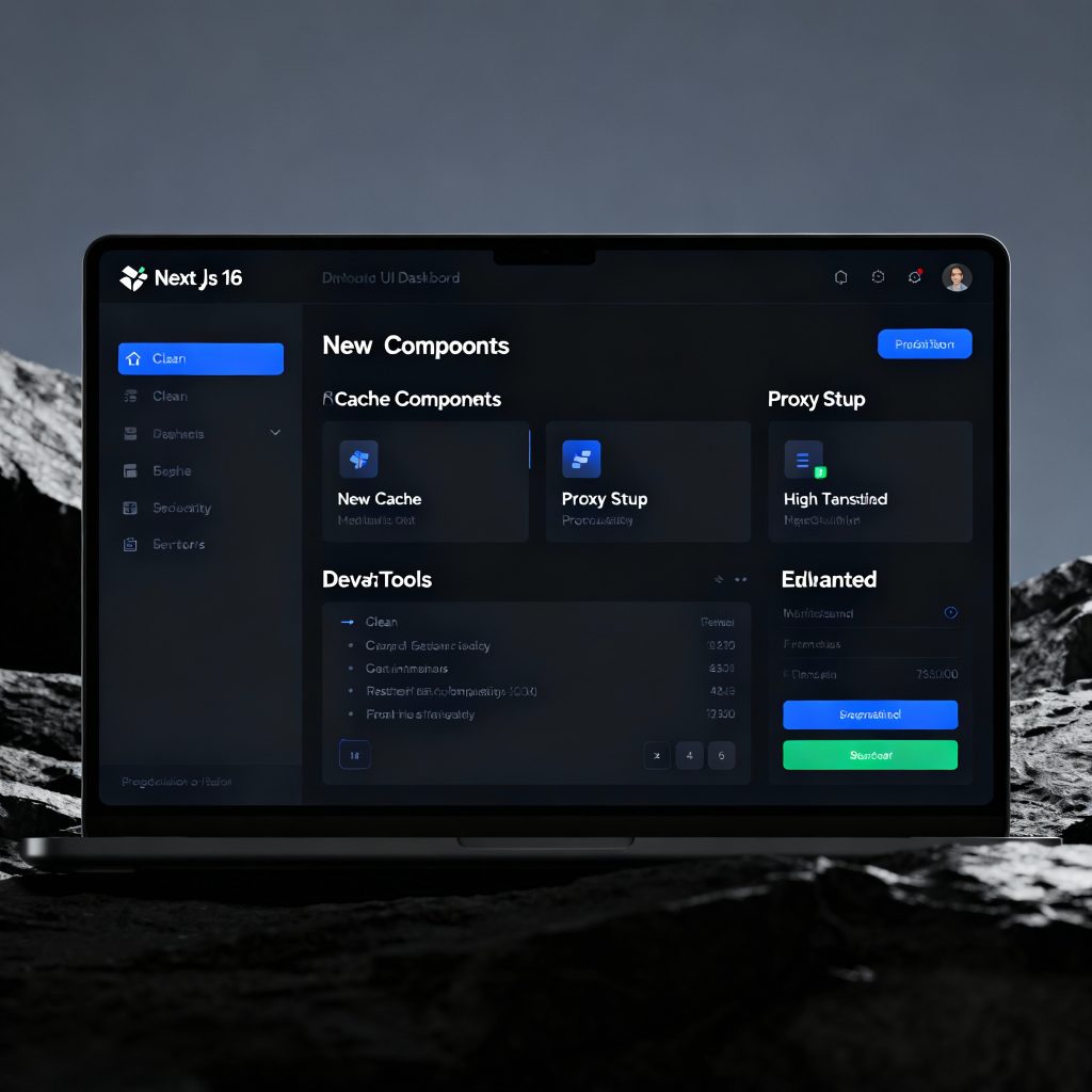 Next.js 16 dashboard showing new Cache Components, Proxy setup, and enhanced DevTools