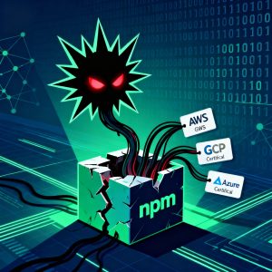 Frontend dashboard showing React 19.2, TanStack DB, Bun CLI performance. Illustration of malware targeting npm packages and extracting AWS, GCP, Azure credentials