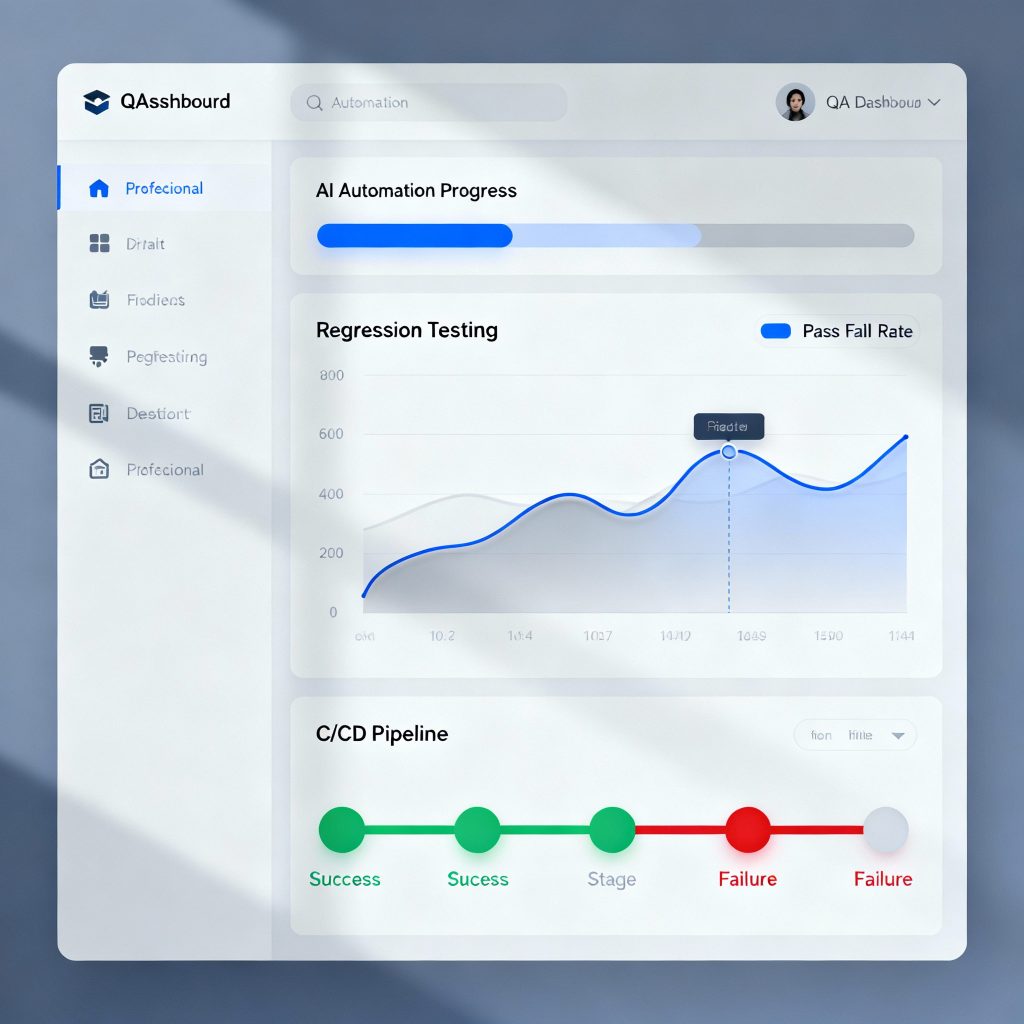 Modern QA dashboard illustrating AI automation, regression testing, and CI/CD metrics for software teams