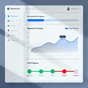 Modern QA dashboard illustrating AI automation, regression testing, and CI/CD metrics for software teams