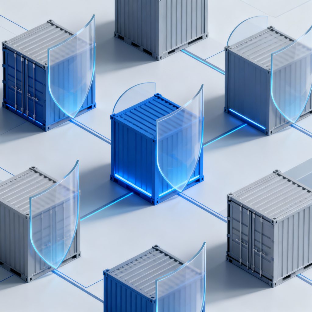 Conceptual illustration of software supply chain security with containers and compliance shields