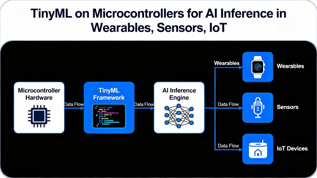 Diagram showing TinyML running on microcontrollers with local AI inference for wearables, sensors, and IoT devices