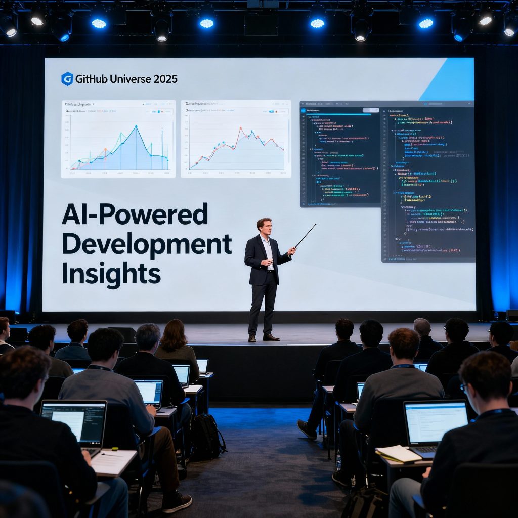 GitHub executive presenting AI-powered development insights at Universe 2025