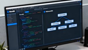 MoonBit code sample and WebAssembly component structure displayed on a developer's screen