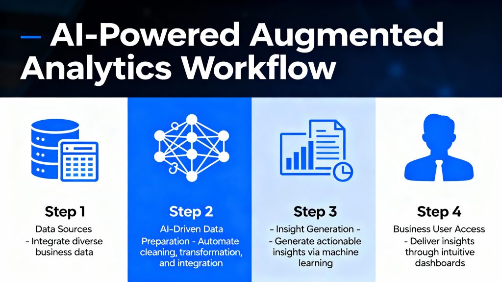 Diagram showing AI-powered augmented analytics, automating data preparation and generating insights for business users