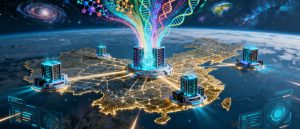 AI, supercomputers, and scientific data visualized to represent a nationwide initiative for accelerated discovery.