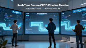 DevOps engineers using AI-powered dashboards to monitor secure CI/CD pipelines in real time