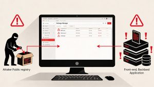 Illustration of a full stack software supply chain attack targeting NPM developers