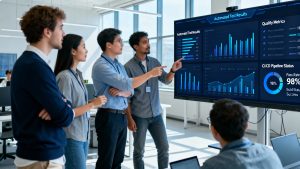 QA engineers collaborating around dashboards that show automated test results, quality metrics, and CI/CD pipeline status for a modern software product