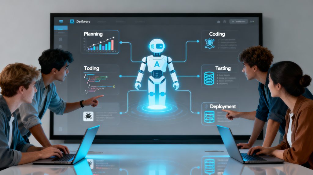 Engineering team reviews agentic AI dashboard managing reliability, security, and cloud costs in real time. Developers collaborating in front of a dashboard showing agentic AI orchestrating tasks across the software development lifecycle