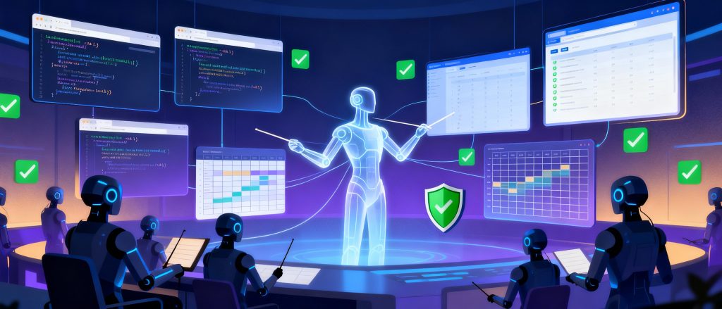 Illustration of Claude Opus 4.5 orchestrating multiple AI agents across code editors, browsers, and spreadsheets, highlighting advanced coding and safe automation capabilities.