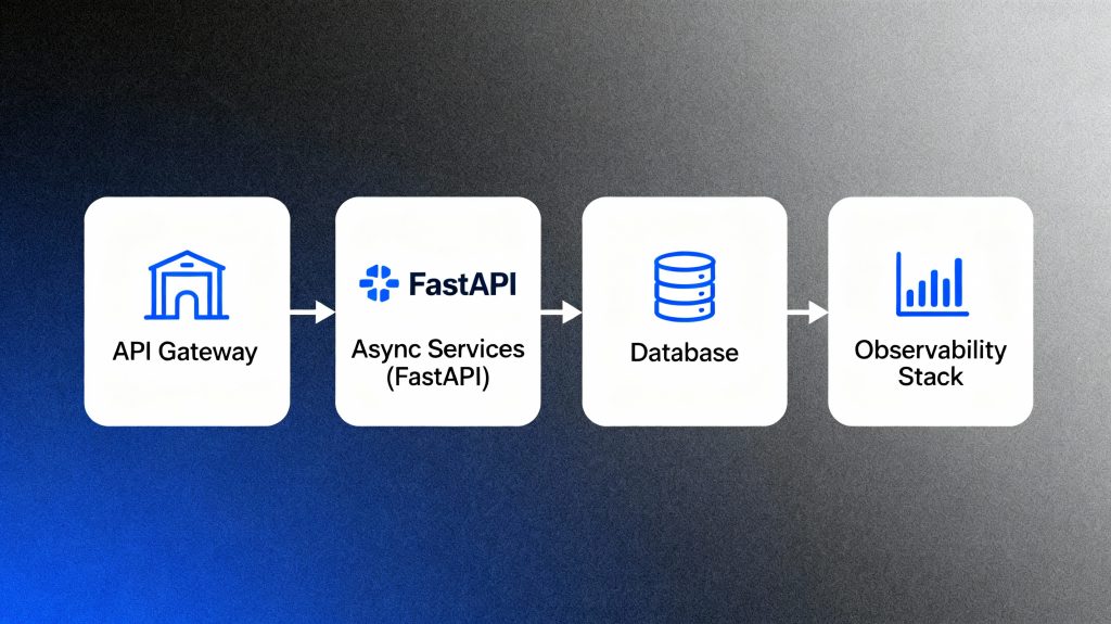 Architecture diagram of FastAPI-based microservices showing API gateway, async services, database, and observability stack