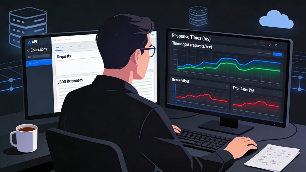 Engineer using Postman and JMeter dashboards to validate REST API reliability under load