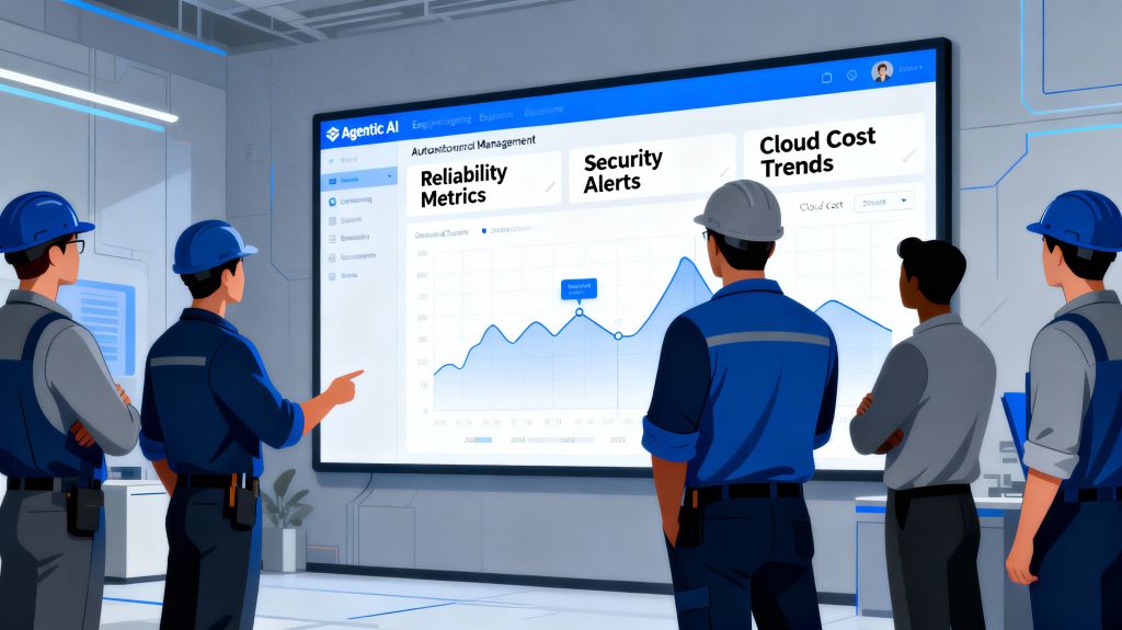 Engineering team reviewing an agentic AI dashboard that autonomously manages reliability, security, and cloud costs in real time