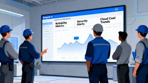 Engineering team reviewing an agentic AI dashboard that autonomously manages reliability, security, and cloud costs in real time