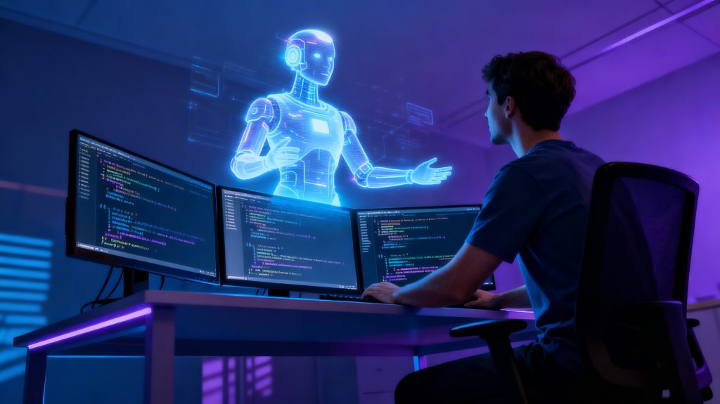 Full stack developer collaborating with AI-powered coding assistant