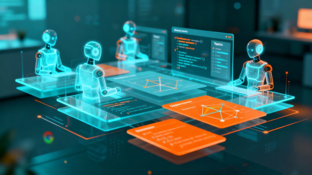 Illustration of Google Antigravity multi-agent AI coding platform powered by Gemini 3, with autonomous agents collaborating on software development in parallel.