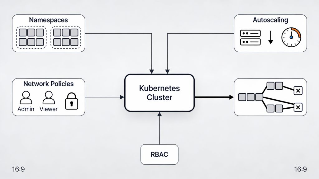 Kubernetes best practices diagram showing namespaces, autoscaling, RBAC, and network policies