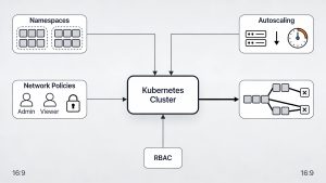 Kubernetes best practices diagram showing namespaces, autoscaling, RBAC, and network policies