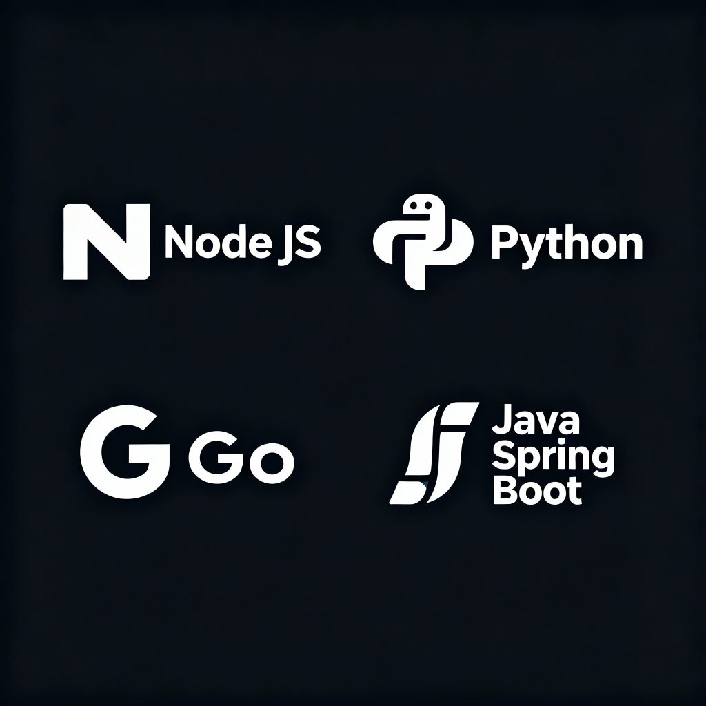 Logos of Node.js, Python, Go, and Java Spring Boot