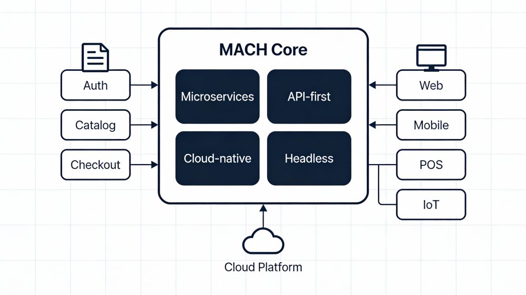 Diagram of MACH architecture showing microservices APIs cloud-native backend and headless frontends