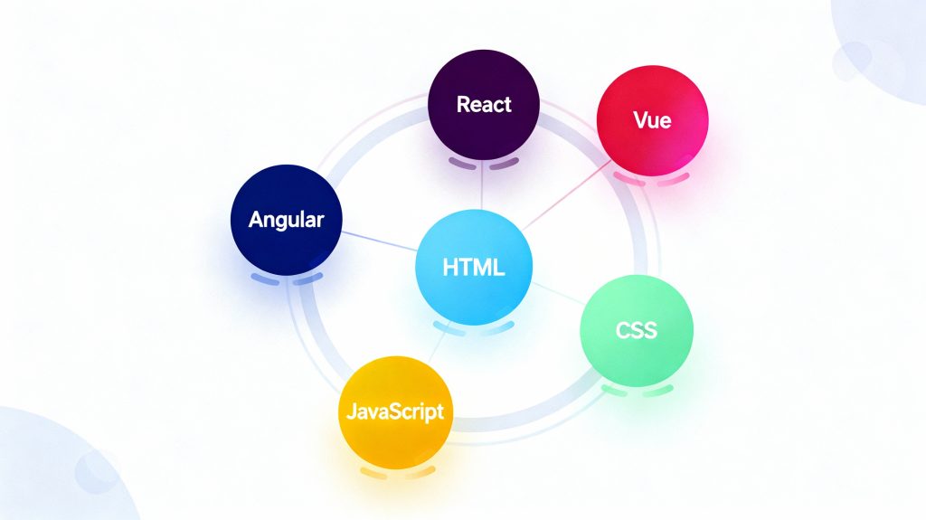 Illustration of a modern front-end stack showing HTML, CSS, JavaScript, Angular, React, and Vue working together