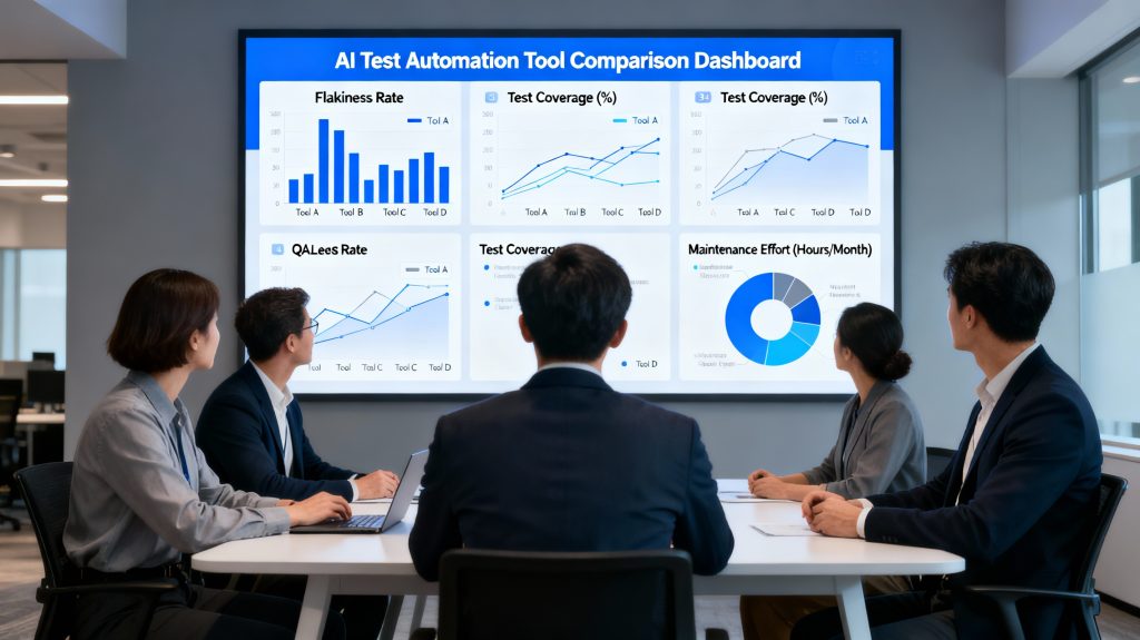 QA leaders reviewing a dashboard that compares multiple AI-powered test automation tools with metrics for flakiness, coverage, and maintenance effort