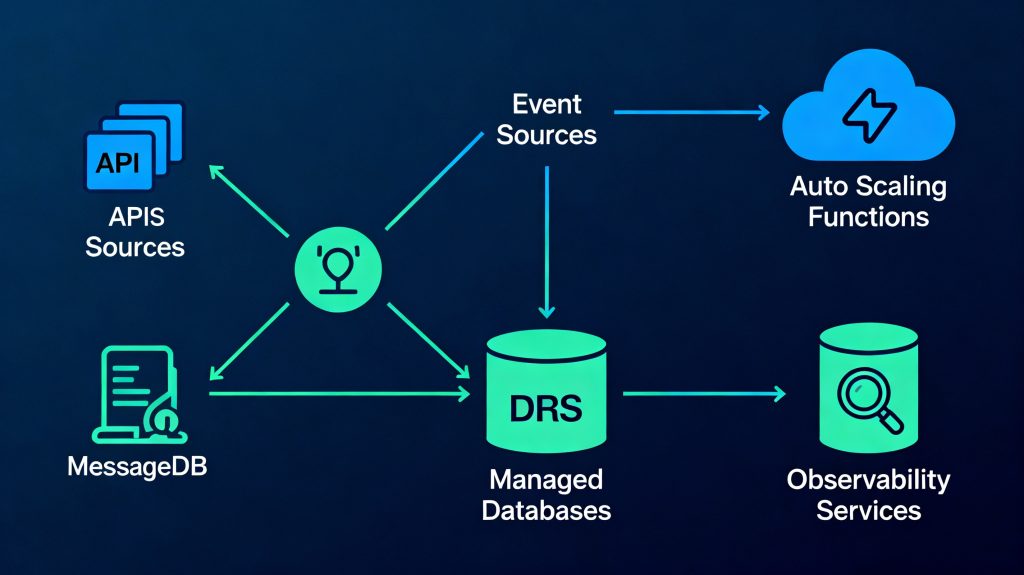 serverless architecture showing event-driven functions scaling automatically in the cloud
