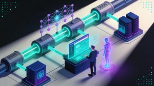 Modern DevOps illustration showing automated pipelines, platform dashboards, AI agents, and container infrastructure working together in a cloud environment.