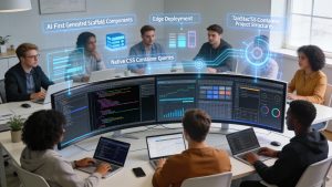 Frontend developers collaborating in a modern workspace with code, AI tools, and performance dashboards on screen