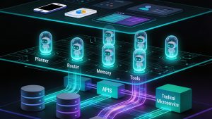 Illustration representing AI agents functioning as backend components in software systems.