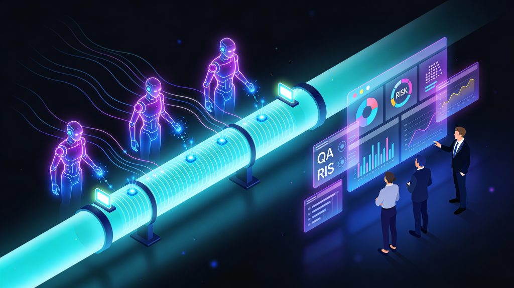 Abstract illustration of AI agents monitoring a software pipeline while leaders review quality dashboards in a modern operations room.