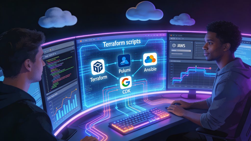 Illustration of DevOps engineers managing multi-cloud infrastructure using top Infrastructure as Code tools in 2025.​