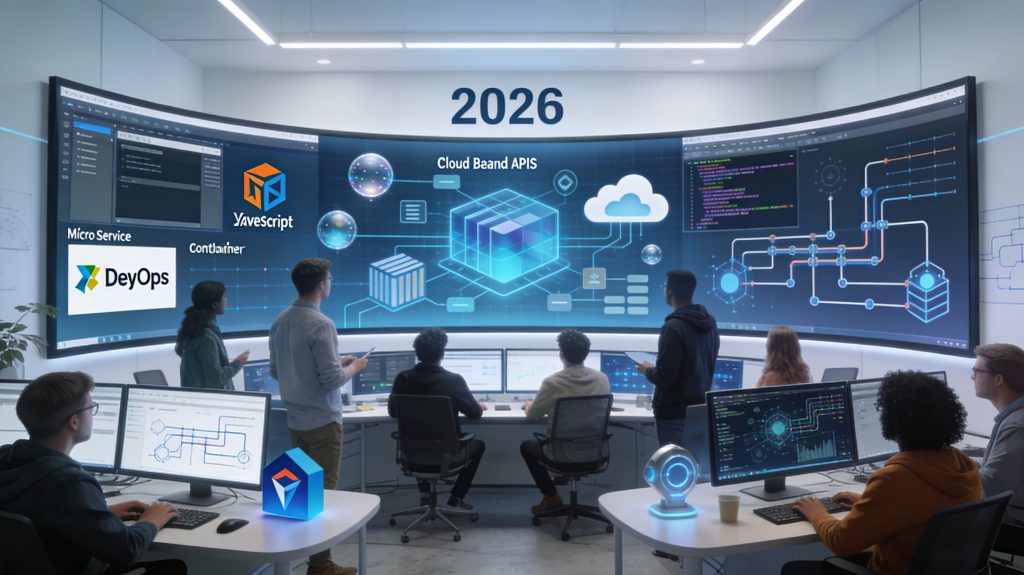 Full stack developers collaborating in a modern office with code, cloud diagrams, and AI-assisted tools on large screens