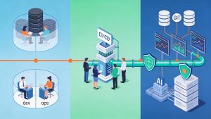 Conceptual illustration of a DevOps pipeline with Git repositories, AI analytics, and security shields integrated into the workflow.