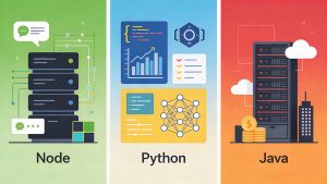 Illustration comparing Node.js, Python, and Java as backend technologies, with icons showing performance, ecosystem, and job opportunities in 2026.