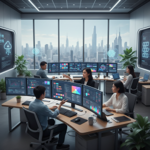 Team of frontend developers collaborating in a modern office with AI-assisted tools, code editors, and performance dashboards on large screens