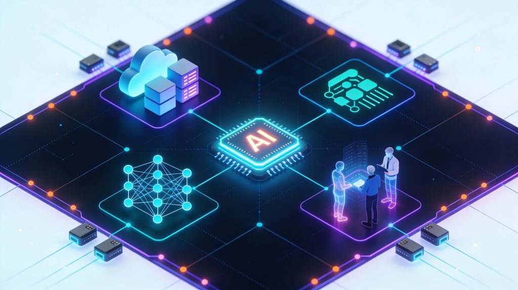 Futuristic illustration showing AI chips, cloud clusters, edge devices, and digital agents collaborating across a connected technology landscape.