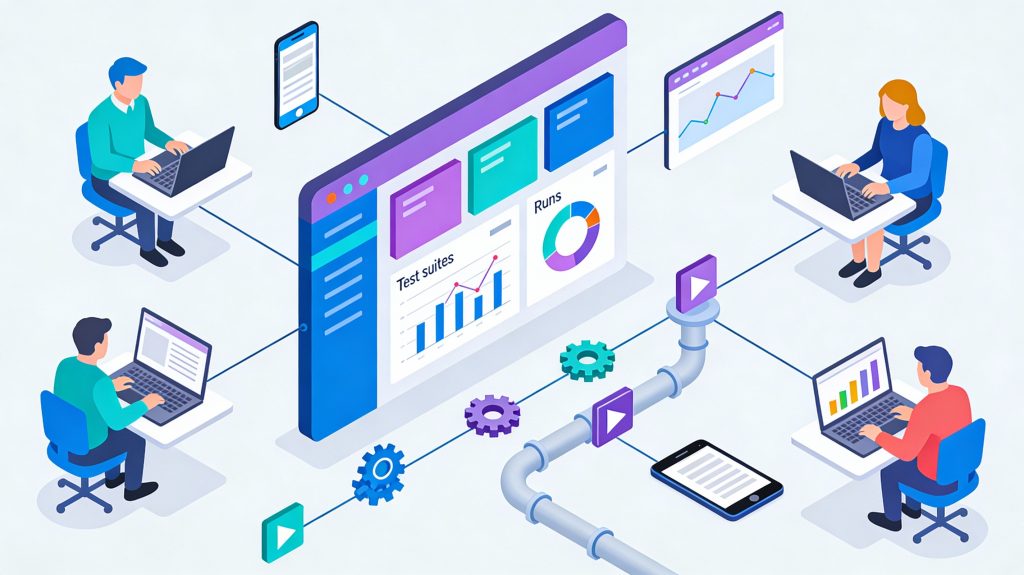 Dashboard-style illustration showing a QA team managing automated tests, test runs, and defect reports across multiple projects.