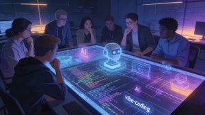 Group of software engineers reviewing AI-assisted code on laptops in a modern office setting